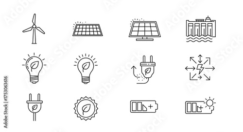 Renewable energy icons set with wind turbine, solar panels, green energy light bulbs, eco electric plugs, hydro power plant, energy distribution, and battery charging symbols