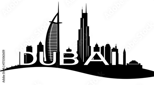 A detailed vector illustration of the Dubai skyline at eye-level, rendered in solid black on a pristine white background, showcasing the iconic Burj Al Arab in silhouette form, along with surrounding 