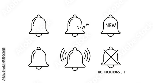 Notification bell icon set with new alerts, ringing, mute, and notification off symbols for app UI, digital alerts, message notifications, and reminders vector graphics