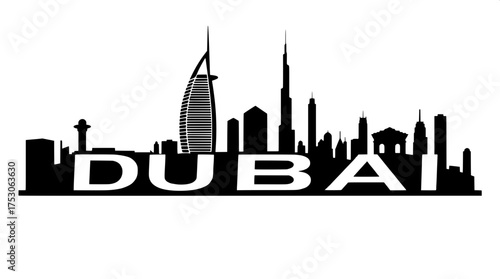 A detailed vector illustration of the Dubai skyline at eye-level, rendered in solid black on a pristine white background, showcasing the iconic Burj Al Arab in silhouette form, along with surrounding 