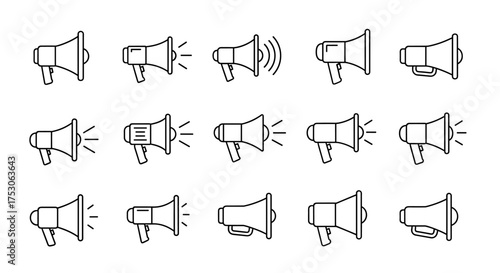 Set of 15 megaphone icons outline vector, loudspeaker design, announcement, communication, volume symbol, sound waves, public address, promotion, marketing, broadcast, speaker device illustration