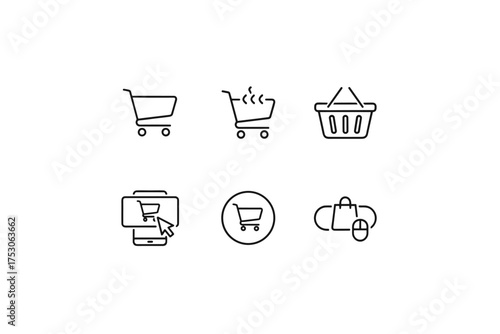 Minimalist Online Shopping Icons Set. Shopping cart, purchase and e-commerce symbols, digital buying, retail basket with mouse pointer, mobile and web shopping vector illustration