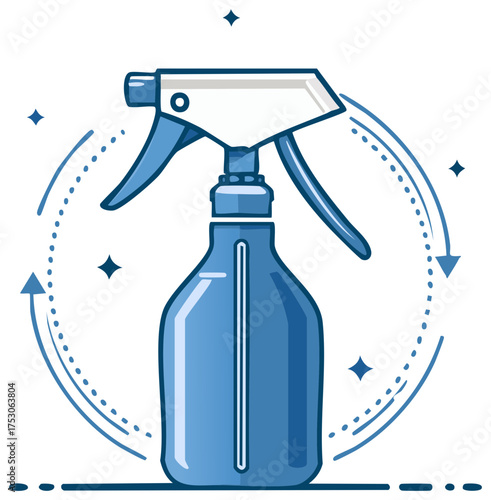 Sprayer bottle with circular arrows for cleaning supplies and disinfection process concept