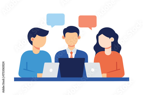 Business Team Collaboration and Communication Illustration on Laptop, Engaging in Conversation