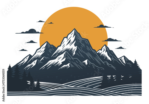 Majestic Mountain Range Sunrise Vector Illustration with Stylized Clouds and Forested Hills