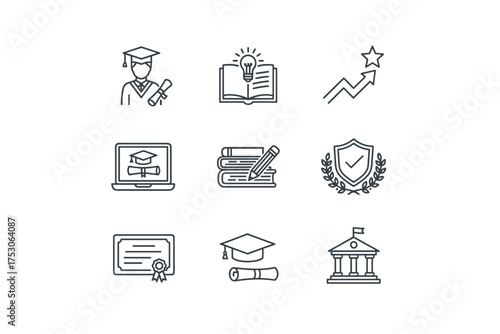 Education and Learning Icons Set, Graduation Cap, Diploma, Online Course, Knowledge Book, Growth Chart, Certificate, Academic Achievement, School Building, Study and Success Concepts