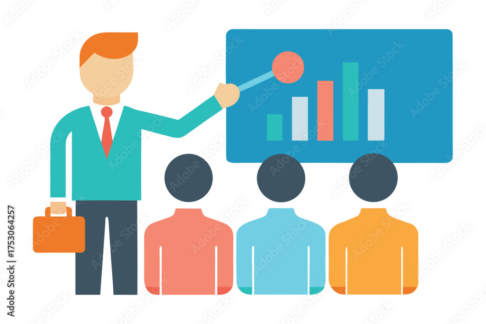 Obraz premium Business presentation with bar chart and audience depicted in flat illustration