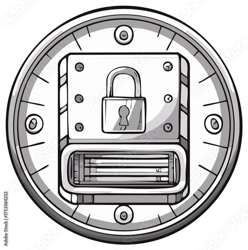 Secure round metal hatch with a padlock, black and white line art illustration.