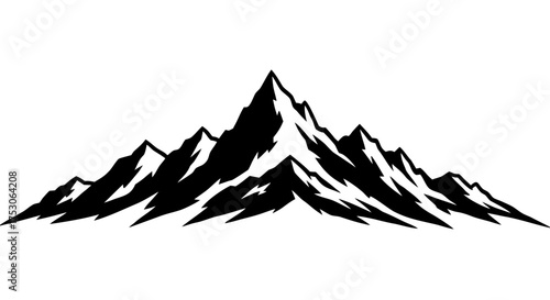 Black and White Mountain Vector Silhouette Illustration of Majestic Mountain Range Peaks