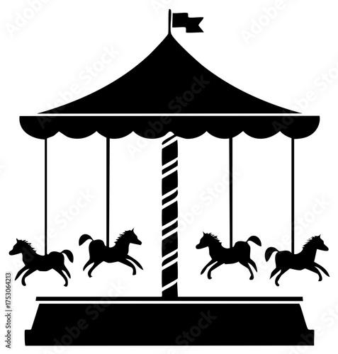 Black and white Carousel horse ride silhouette, vintage carnival illustration, fairground attraction with flag on top, amusement symbol