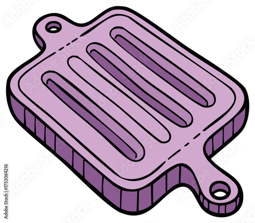 Isometric view of a purple wooden cutting board with handle and grooves