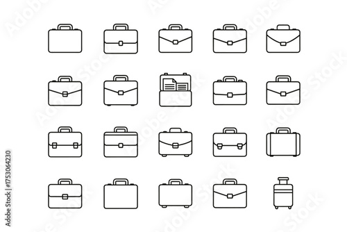 Briefcase line icon set. Business portfolio and diplomat case symbols. Office bag, work suitcase, and luggage pictogram collection. Simple career and travel vector graphic.