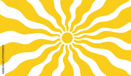 Sun groovy background, summer retro radial rays, yellow graphic wavy burst. style 60s, 70s. Sunshine poster. Cartoon light beam print. Vintage vector illustration