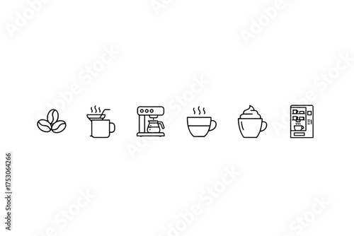Coffee line icon set vector. Cafe symbol collection. Coffee bean, pour over, drip machine, hot cup, cappuccino, vending machine. Beverage outline pictogram. Drink icon pack.