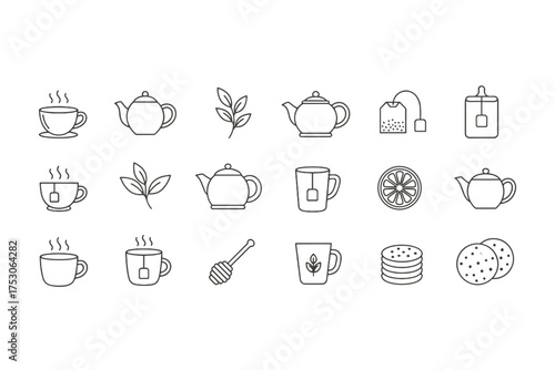 Tea and coffee line icon set. Hot drink vector symbols collection. Teapot, cup, mug, leaf, lemon, honey dipper, and cookies. Graphic elements for cafe menu design.