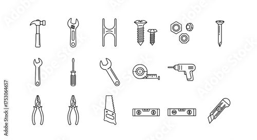 Work tools line icon set for construction and repair. Carpentry, renovation, and DIY toolkit symbols. Vector graphic collection of hammer, wrench, screwdriver, saw, drill.