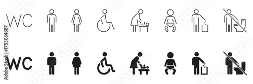 Wc And Restroom Sign Icon Set. Universal Bathroom, Accessibility and Hygiene Symbols Collection. Includes Male, Female, Disabled, Baby Changing and No Toilet Use Icons. Isolated Vector Illustration
