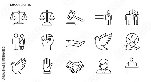 Human rights line icon set. Justice, law, freedom and equality concept. Protest, peace dove, charity, community and social issues. Vector icons for civil rights and activism.