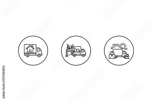 Moving service vector icon set. Home relocation concept. Delivery truck symbol. Movers loading furniture and boxes. House moving logistics. Van transport and shipping icons.