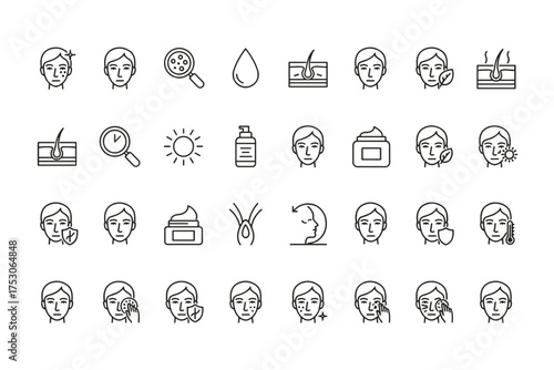 Skincare and dermatology line icon set. Cosmetology, beauty, and skin treatment concepts. Face care, acne, anti-aging, sun protection, and hydration symbols vector.