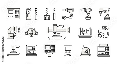 CNC machining icons. Industrial tool set. Milling cutter. Drill bit. Automated machinery. Precision engineering. Metalworking vector. Factory manufacturing equipment. Automation.