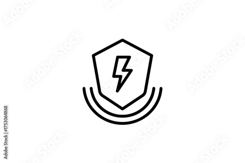 Electric power shield vector icon. Energy safety, voltage protection, and security concept. Line art symbol for antivirus software, data defense, and electrical surge guard.