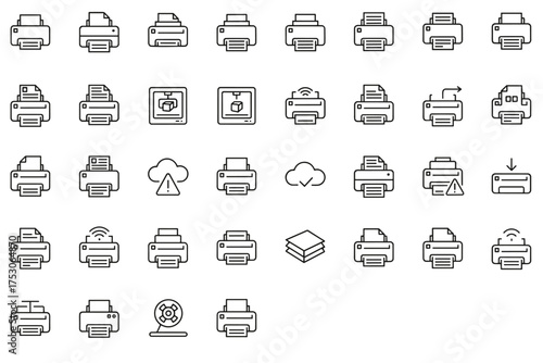 Printer line icon set. Print, copy, scan concepts. Office equipment symbols. Includes 3D printer, wireless, cloud printing, fax, document, paper, error signs. Vector.