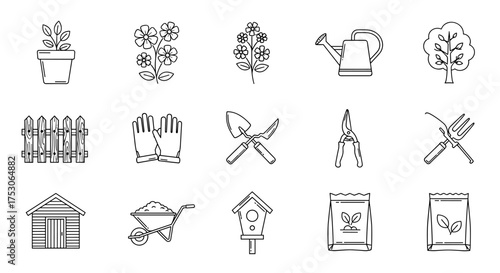 Gardening thin line icon set. Garden tools and equipment vector collection. Horticulture and agriculture concept. Includes plant, flower, trowel, seeds, shed, fence, tree.