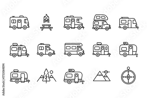 Camping and Travel Icon Set Vector. Motorhome RV, camper van, travel trailer, caravan, campfire picnic, mountains, navigation compass, outdoor adventure symbols.