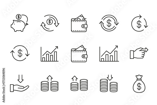 Finance line icons. Money, investment, savings concepts. Economic growth chart, currency exchange, cash flow, payment symbols. Piggy bank, wallet, coins, and money bag vectors.