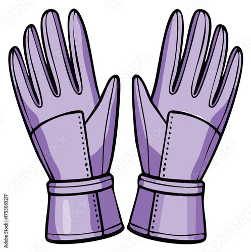 Pair of purple medieval gauntlets in cartoon illustration protect hands during battles, fantasy warrior equipment and defense apparel