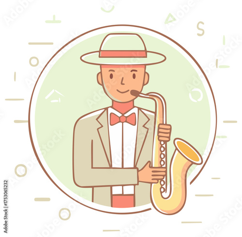 Cartoon man in a hat and suit playing saxophone