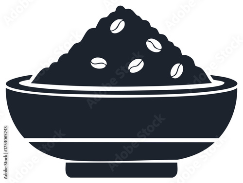 A bowl filled with dark coffee grounds and scattered whole coffee beans depicted in a clean graphic style
