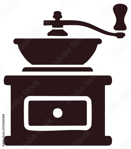 Vintage manual coffee grinder with crank and drawer icon illustration