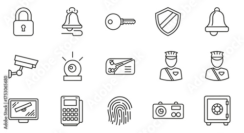 Security and protection vector line icon set. Thin outline symbols for safety, surveillance, and access control. Features padlock, key, CCTV camera, alarm, guard, shield, fingerprint.