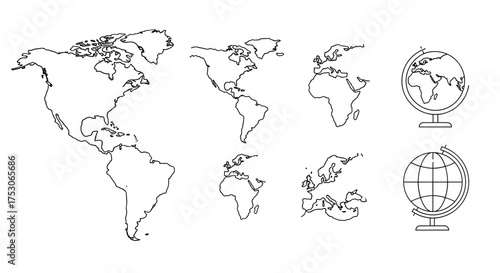 World map continents & globe outline vector set. Collection of America, Europe, Africa maps & school globe icons. Simple line art for geography, travel, education concepts.