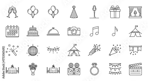 Party & Celebration vector line icon set. Event, birthday, festival symbols. Includes cake, balloons, gift, music, camera, disco ball, confetti, microphone, ring, calendar.