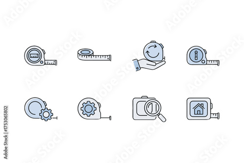 Measuring tape icon set for precision and size. Tape measure collection for construction, home renovation, and engineering. Vector icons include gears, inspection glass, and house symbol for DIY.