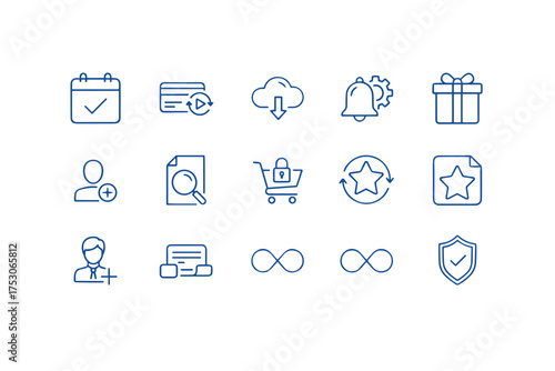 Universal line icons set for web, mobile app. E-commerce, business, UI pictograms. Calendar, payment, cloud, notification, user, search, secure cart, favorite, gift.