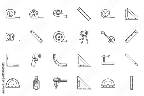 Measuring tools line icon set. Collection of instruments for measurement, construction and engineering. Ruler, tape measure, caliper, level and protractor vector symbols.