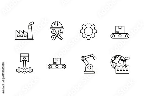 Industry and manufacturing line icon set. Factory production, engineering tools, automation robotics, conveyor belt logistics, and global industry vector symbols collection.