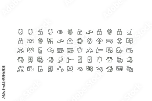 Security and protection line icon set. Cybersecurity, data privacy, internet safety. Vector symbols for access control, surveillance, identification, biometrics, home security.