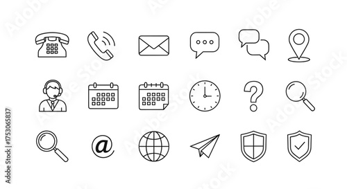 Contact us line icon set. Customer service and communication symbols. Phone, email, chat, location, and support icons for web and business interface design elements.