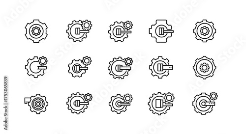 Gear and cogwheel line icon set. Vector symbols for mechanics, engineering, and setup. Concept of configuration, maintenance, repair process, and progress options.