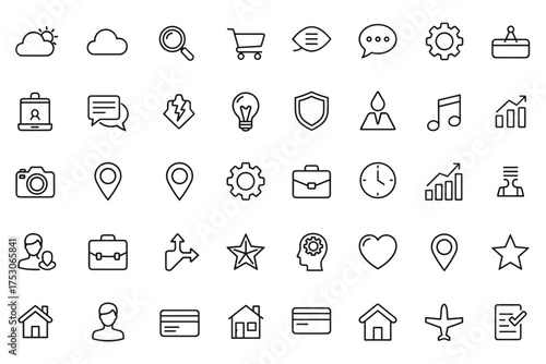 Collection of universal line icons for web, mobile. Business, e-commerce, user interface pictograms. Finance, travel, communication symbols. Outline icons like home, user, chart, search, heart.