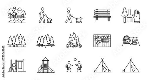 Outdoor recreation and leisure activities thin line icon set. Camping, park, picnic, dog walking, playground, bonfire, gardening, forest and nature concept vector symbols.