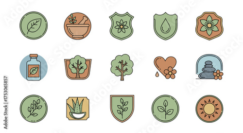Natural wellness and herbal medicine icon set. Vector collection of botanical symbols like leaf, flower, mortar and pestle, aloe vera, zen stones, and healing shields for spa.