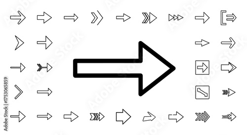 Arrow icon set. Collection of line direction signs. Navigation and pointer symbols for web design and user interface. Next and forward buttons. Vector graphic elements.