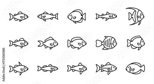 Fish icon collection. Simple line art vector set of various marine and freshwater species. Outline symbols for fishing, seafood restaurant menu, or aquarium logo concepts.