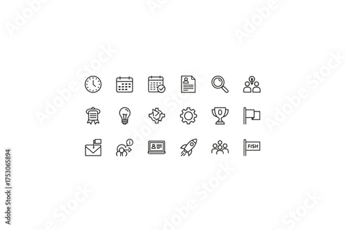 Business management and startup icon set. Project management, teamwork, deadline, and success thin line icons. Strategy, idea, launch, and finish concept symbols.